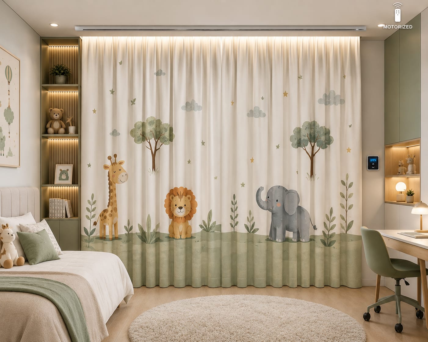 Soft decorative nursery window drapery installed in Dubai child bedroom interior with playful fabric styling and gentle light filtering atmosphere